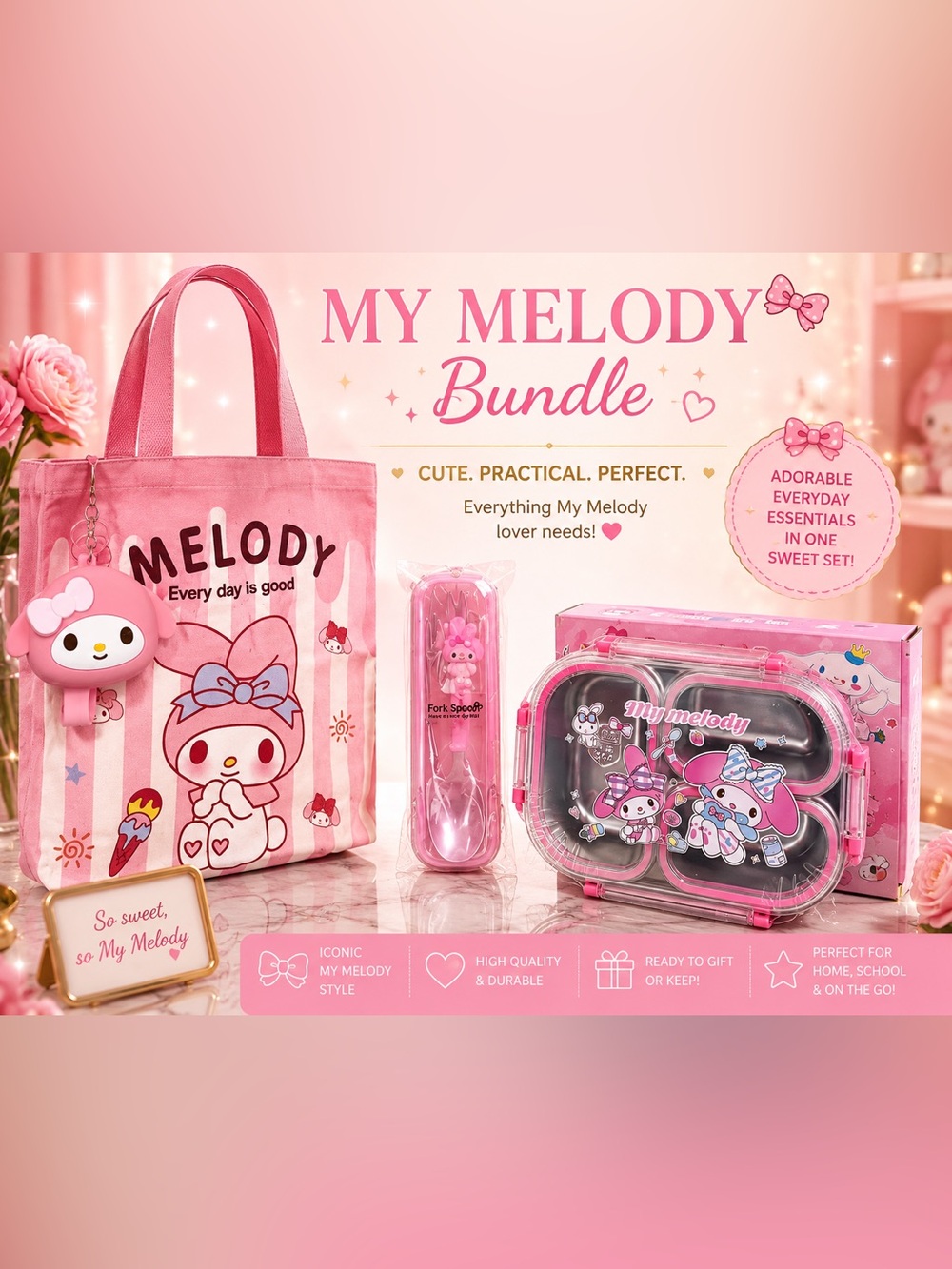 NEW My Melody Bento Lunch Box Tote Utensil & Charm Bundle | $75 Retail
